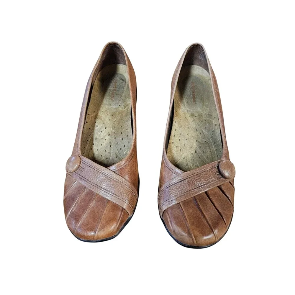 Hush Puppies Womens Size 10 Brown‎ Leather Wedge Slip On Shoes Pleated Round Toe